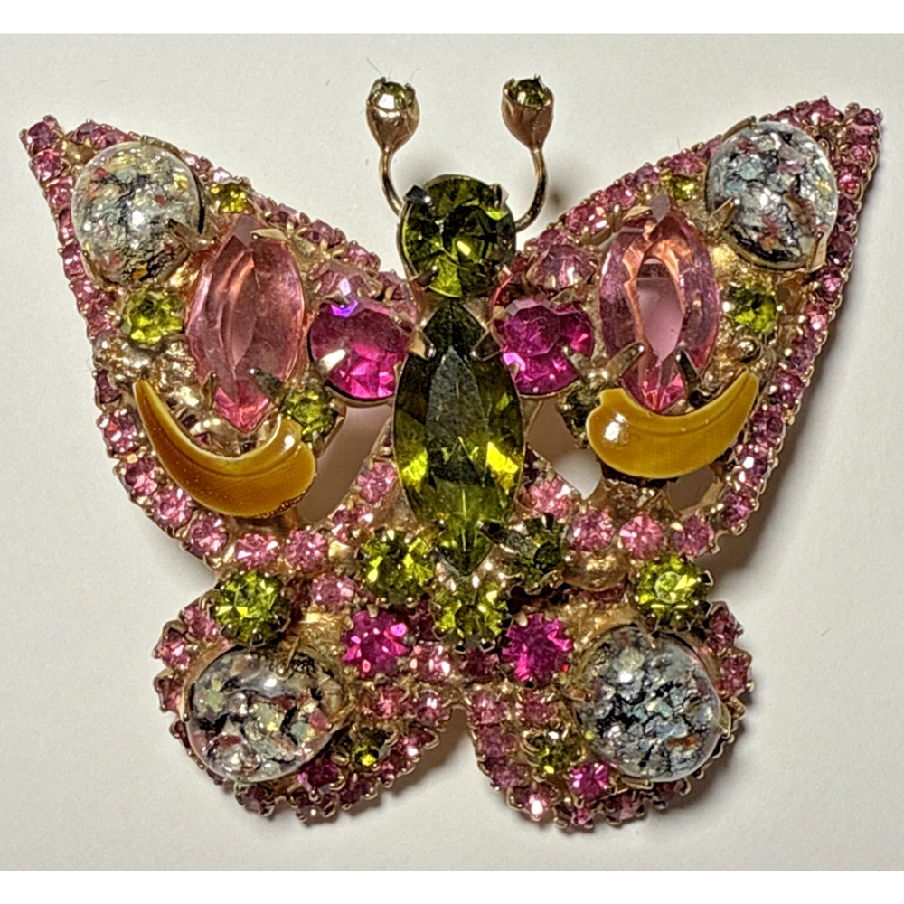 Vintage Pink and Green Rhinestone Brooch Butterfly Unique! J-1Q